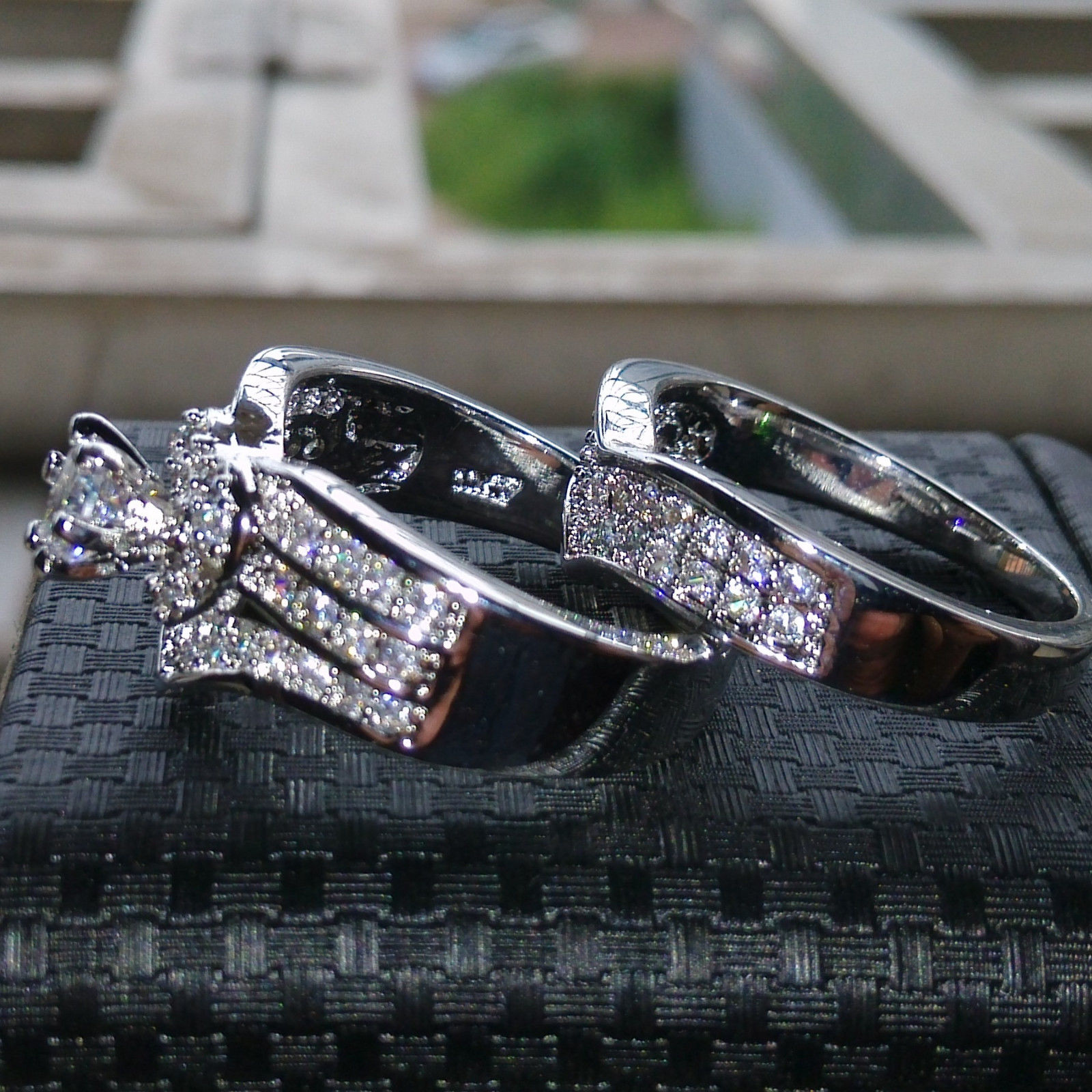 10K White Gold Bridal Ring Set: Round Cut Sapphire CZ & Dia Simulants