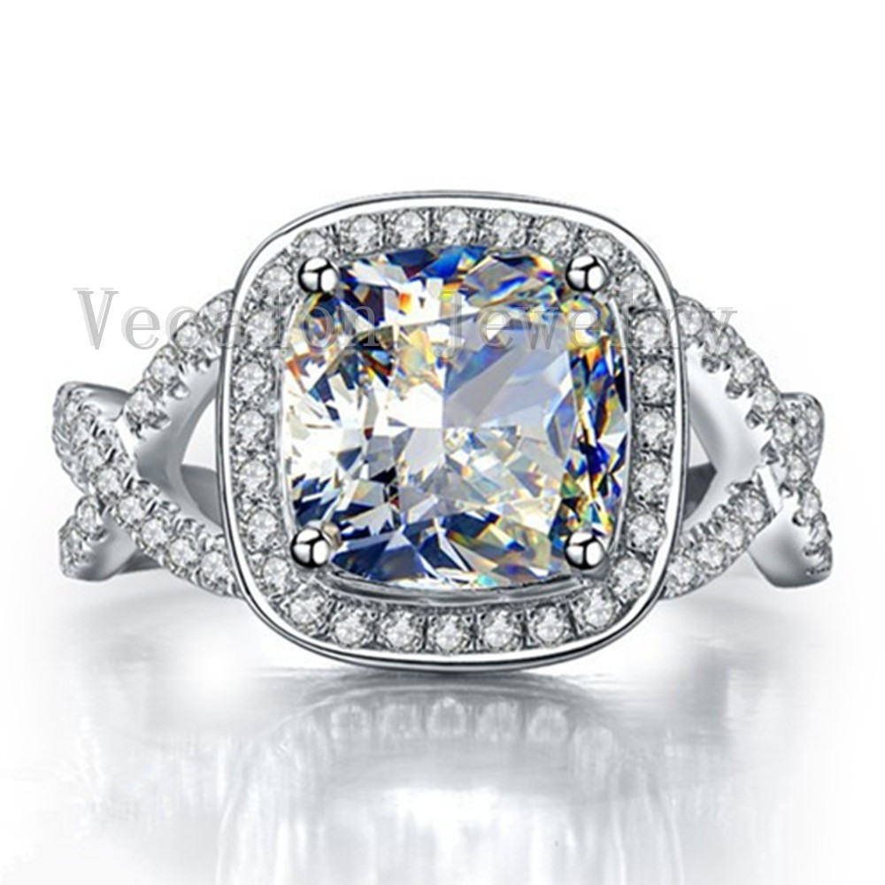 Vecalon Cushion cut 3ct Simulated diamond Cz Engagement Wedding Band ring for Women 10KT White Gold Filled Female Finger ring