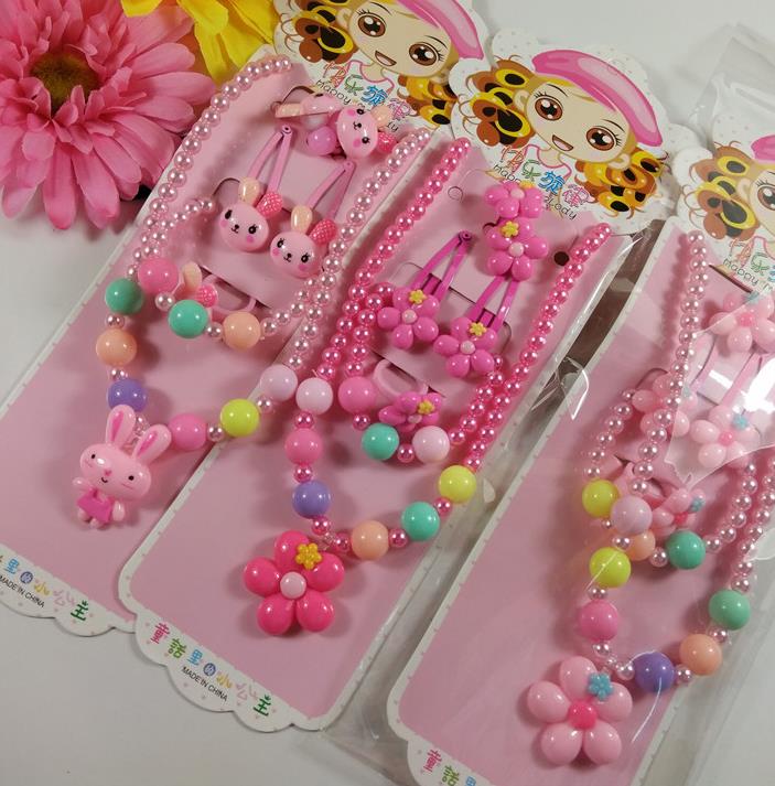 Kids gift jewelry set girl pearl beads cartoon pendants necklace bracelet ring hair clip hairband Set Christmas Party bag filler prize pink