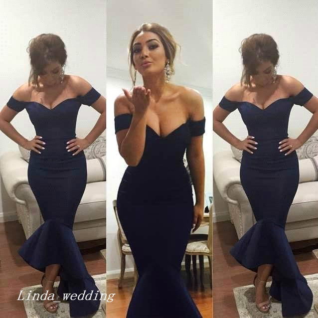 Dark Navy Blue Bridesmaid Dress Elegant Mermaid Off The Shoulder Backless Long Women Wear Formal Maid of Honor Dress For Wedding Guest Gown