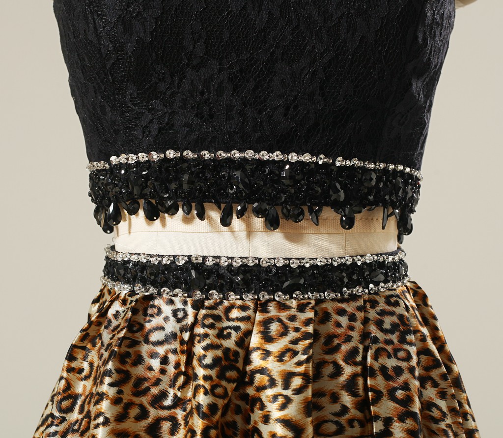 Long Leopard Grain Lace Two Piece A-Line Prom Dresses Scoop Beaded Pageant Formal Evening Party Gown