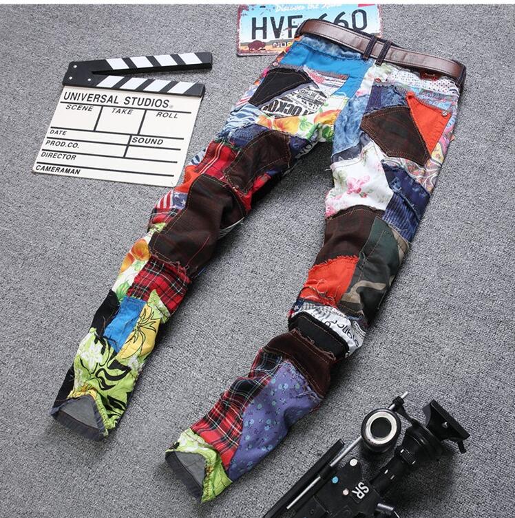 Mens Jeans New arrive Personality men's Patchwork Fashion famous Brand clothing Mens Jeans homme Ripped gym warm men