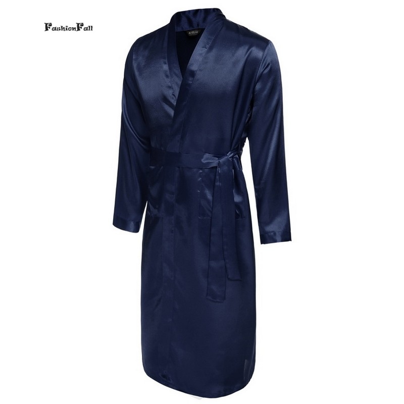 Wholesale-Mens Summer Robes Solid V-neck Kimono Bathrobe Long Satin Robe Sleepwear Adjustable Waistband Peignoir Homme Albornoz Hombre ZD