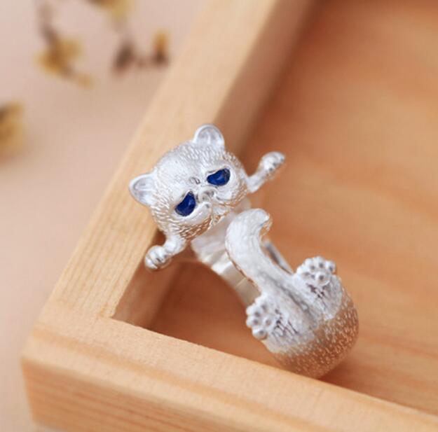 Fashion Lovely Silver Plated Cute Cat Rings for Women Animal Cat Eyes Open Ring Vintage Jewelry G894