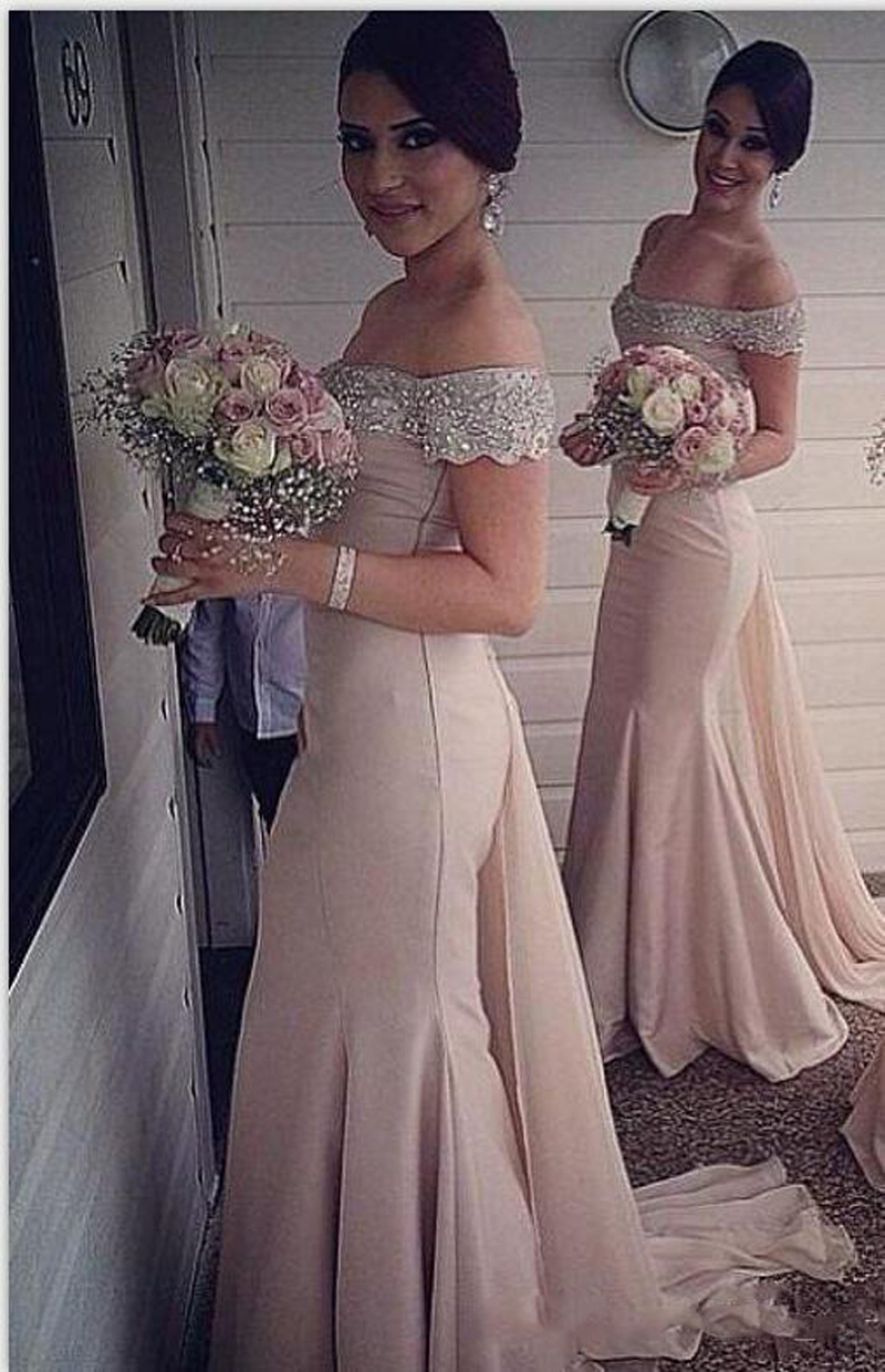 Real Picture Dusty Pink Bridesmaid Dresses Off The Shoulder Beads Watteau Ruched Zipper Mermaid Prom Dress Sweep Train Formal Dress