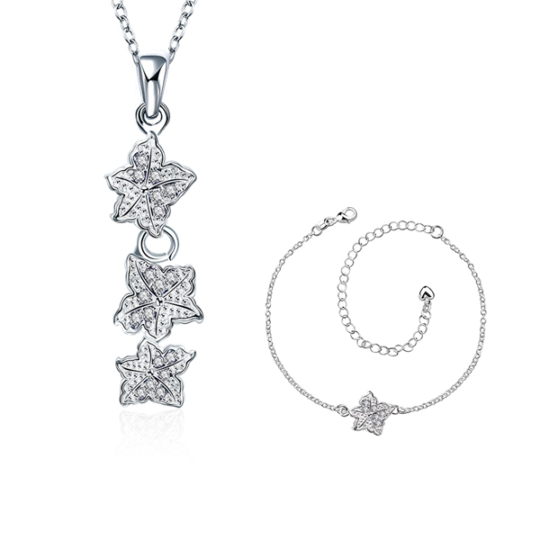 Christmas gift fashion 925 silver necklace bracelet Leaves jewelry sets STSS031A sterling silver blue gemstone rings fit women wedding