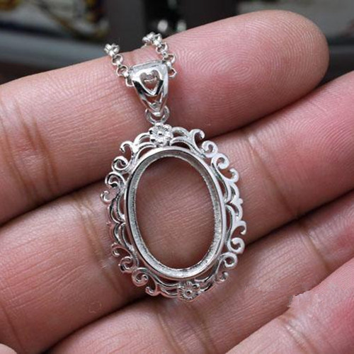 925 Setting Sterling Silver Women Pendant Art Nouveau 13x18mm Oval Cabochon Semi Mount Pendant Plated White Gold Generous Jewelry