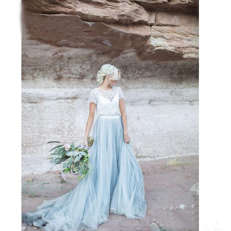 2019 Modest Dusty Blue and White Country Wedding Dresses with Bolero Spaghetti Straps A Line Sweep Train Modern Bridal Gowns Custom Made