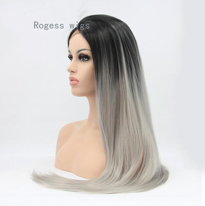 Fashion Straight Gray Synthetic Lace Front Wig Glueless Ombre Two Tone Color Black Grey Heat Resistant Hair Wigs