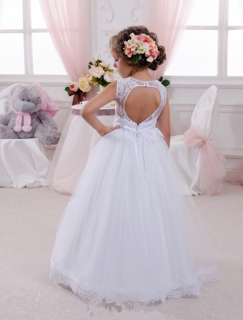 Lace Flower Girls' Dresses Lovely Appliqued Tulle Girls Pageant Gowns with Sash Princess Kids Wedding Party Dresses