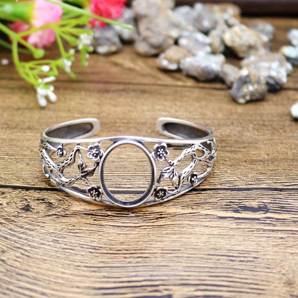 Art Deco 18x22mm Oval Cabochon Semi Mount Bangle 925 Sterling Silver Fashion Vintage Antique Women Flower Fine Silver