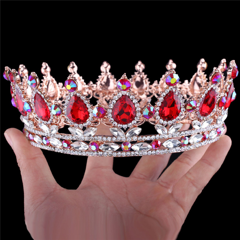 European Designs Royal King Queen Crown Ruby Teardrop Rhinestone Tiara Hair jewelry Quinceanera crown Wedding bride Pageant Tiaras