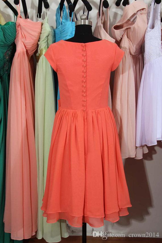 Coral Chiffon Bridesmaid Dress Knee Length Cap Sleeves Real Photo Short Formal Wedding Evening Wear Maid Of Honor Dresses Plus