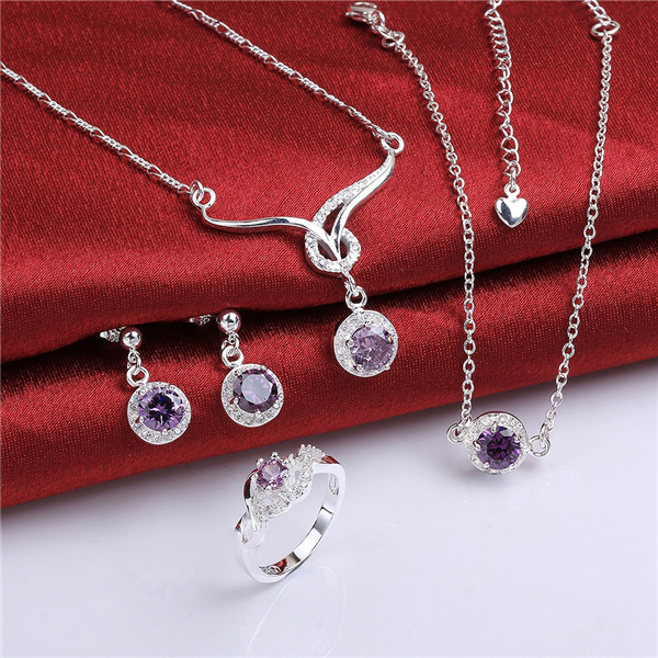 NEW 925 sterling silver Insets lucky family of four - purple jewelry sets DFMSS784C factory direct sale wedding 925 silver