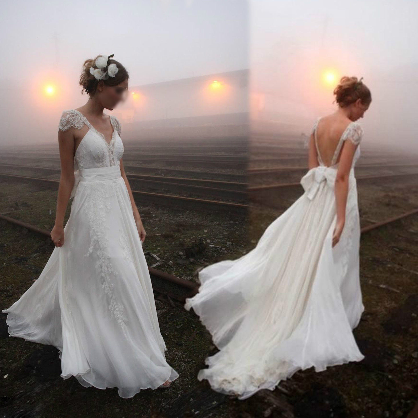 Fashionable A Line Wedding Dress Cap Sleeve V Neck Train Chiffon Bridal Gown Bohemain 3D Floral Appliques Backless Bow Vestido De Novia, White
Fashionable A Line Wedding Dress Cap Sleeve V Neck Train Chiffon Bridal Gown Bohemain 3D Floral Appliques Backless Bow Vestido De Novia, White