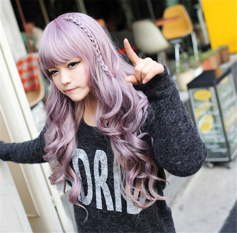 WoodFestival long curly wig purple wavy wigs heat resistance synthetic hair lovely full bangs braid cosplay wig women