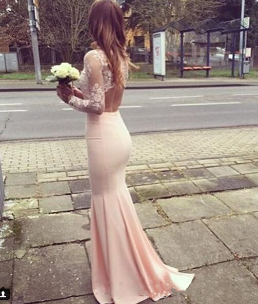 Blush Pink High Neck Bridesmaid Dresses Mermaid Illusion Lace Long Sleeves Sexy Backless Maid Of Honor Gowns For Weddings Evening Party