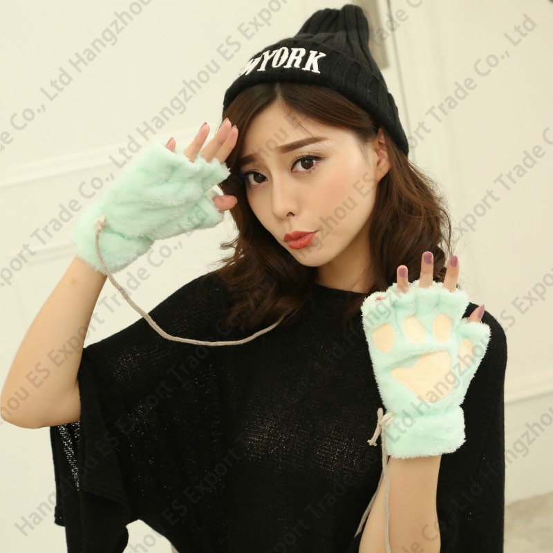 Cat Claw Gloves Winter Cute Cartoon Girl Fingerless Mittens Thicken Fluffy Bear Palm Half Finger Glove