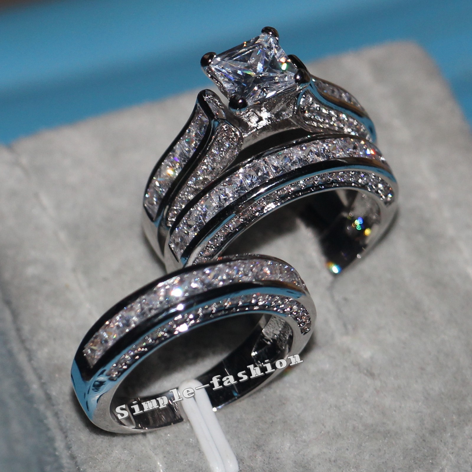 Vecalon Fine Jewelry Princess cut 20ct Cz dia Engagement Wedding Band Ring Set for Women 14KT White Gold Filled Finger ring