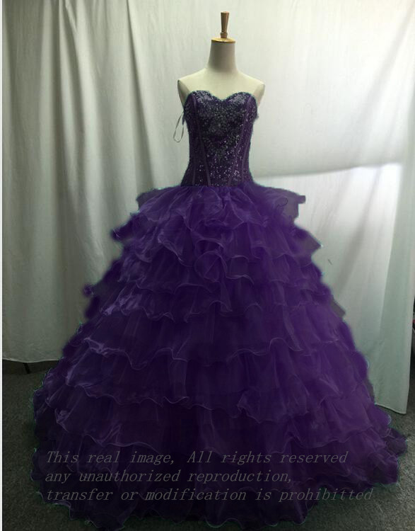 2021 Real Image Purple Stock Quinceanera Dresses Ball Gown Ruffles Beaded Crystals Floor Length Sweet 16 Dress For 15 Years Prom Gowns