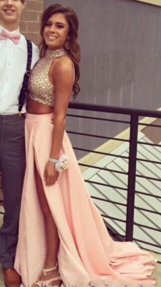 Modern Two Pieces Prom Dresses High Neck Crystal Beads Long Party Evening Gowns Hollow Back Side Split Plus Size 2016 Ocn Dress