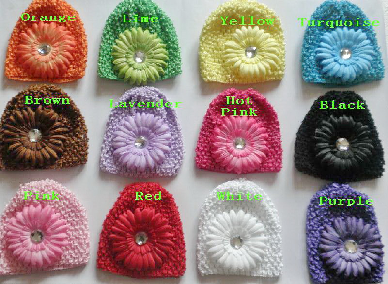 50pcs baby waffle caps crochet hats hair flower clips beanie with lily peony daisy flower girl toddler stretchy caps MZ9111