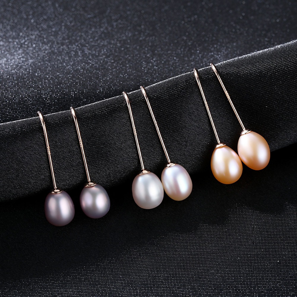 PAG&MAG Simple Ear Hook 925 Sterling Silver Earrings 8-9mm Natural Rice Pearl Drop Earrings for Women Classic Pearl Jewelry