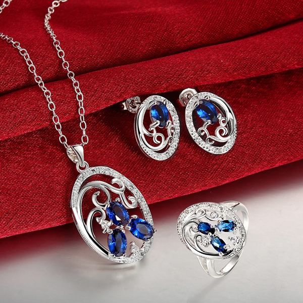 Hot sale fashion 925 silver necklace earring ring a famliy of three jewelry oval sets STSS135B sterling silver red gemstone rings wedding