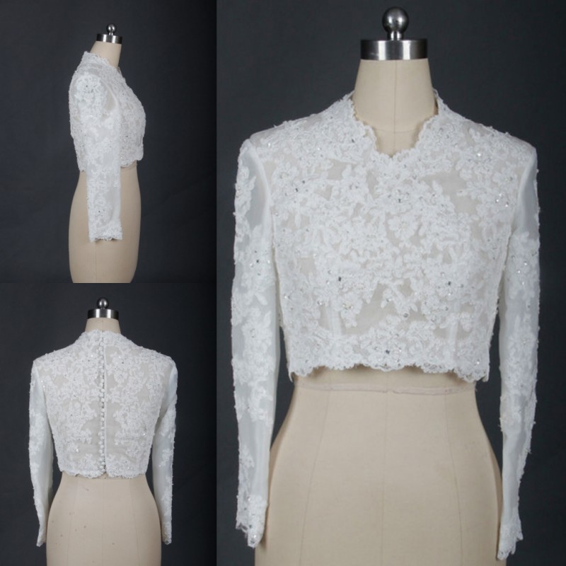 Cheap Bridal Wraps Modest Alencon Lace Beads V Neck Sequins Wedding Bridal Bolero For Wedding Dresses Long Sleeve Lace Applique Jacket