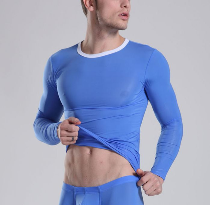 Wholesale-Mens Sexy Transparent Undershirt Exotic smooth Sheer Underwear tops Long Sleeves Fitness Gym Sports T Shirt