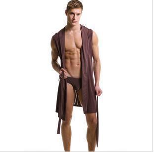 Wholesale-NEW Ice Cotton Men Bathrobe Summer Hooded Sleepwear Robes Leisure Home Sleeveless nightGown Pajama Underwear gay dressing gown