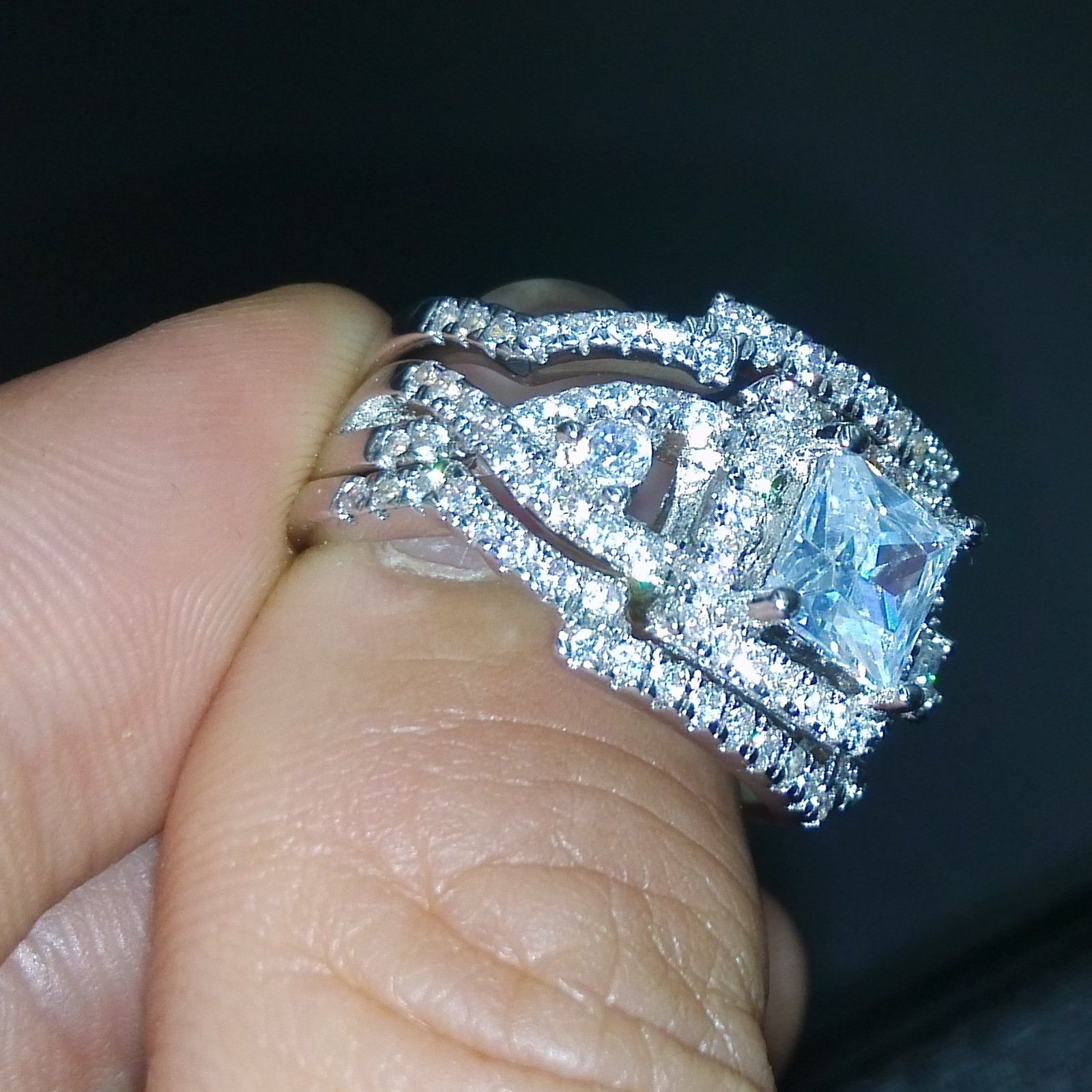 Vintage Princess Cut Sterg Sier Wedding Engagement Band Ring with Simulated Dias