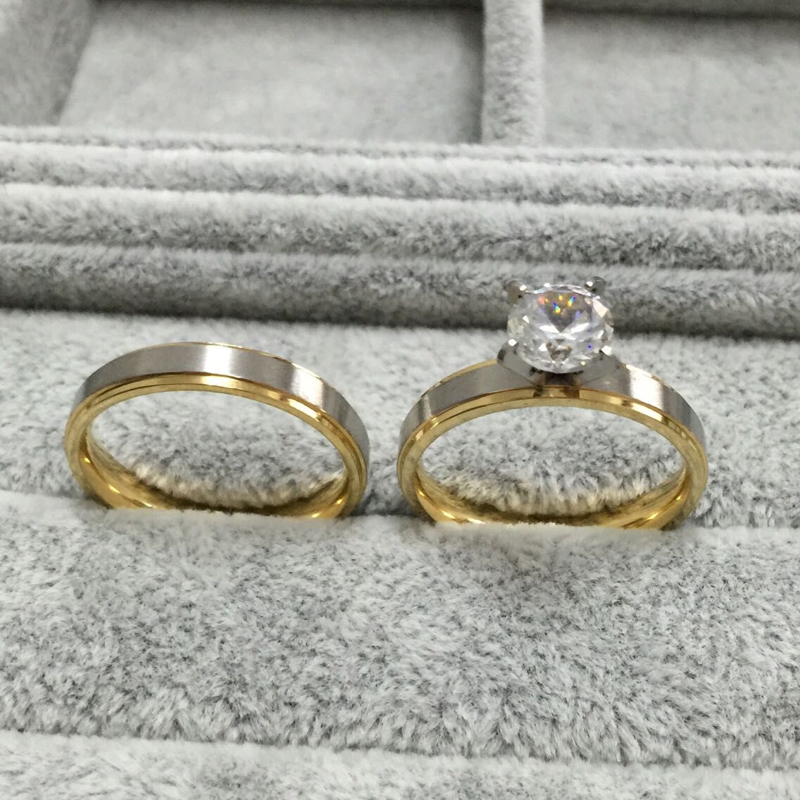 4mm titanium Steel CZ diamond Korean Couple Rings Set for Men Women Engagement Lovers, his and hers promise,2 tone gold silver