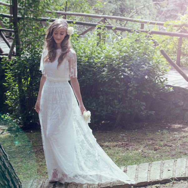 Bohemian Wedding Dresses 2018 Elegant Full Lace Illusion Back Short Sleeve With Sash Long Boho Bridal Gowns Custom Made China EN11287