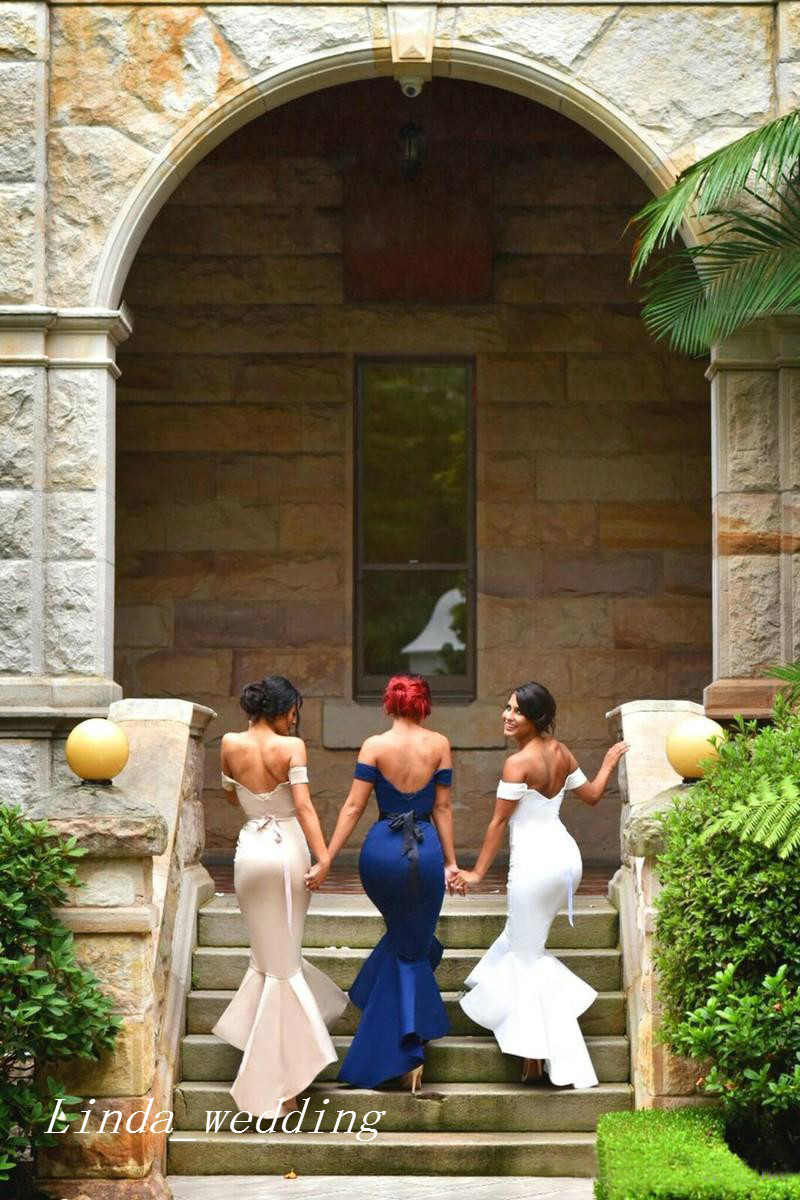 Dark Navy Blue Bridesmaid Dress Elegant Mermaid Off The Shoulder Backless Long Women Wear Formal Maid of Honor Dress For Wedding Guest Gown