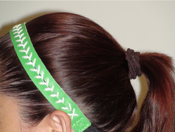 2025 green softball white stitching really leather headbands whosale retail hairbow