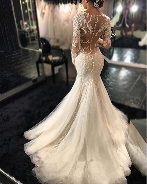 Modern Mermaid Dresses Sexy Long Sleeves Lace Appliques Beaded Sheer Back Plus Size Court Train Custom Wedding Dress Bridal Gowns