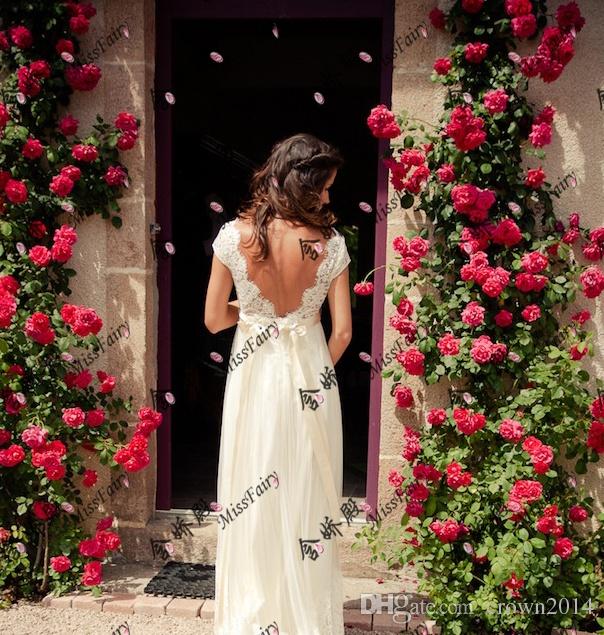 Beach Lace Crystal Wedding Dress With Deep V-neck Chiffon Bridal Gowns with Beaded Waist Sweep Train Backless Party Dresses