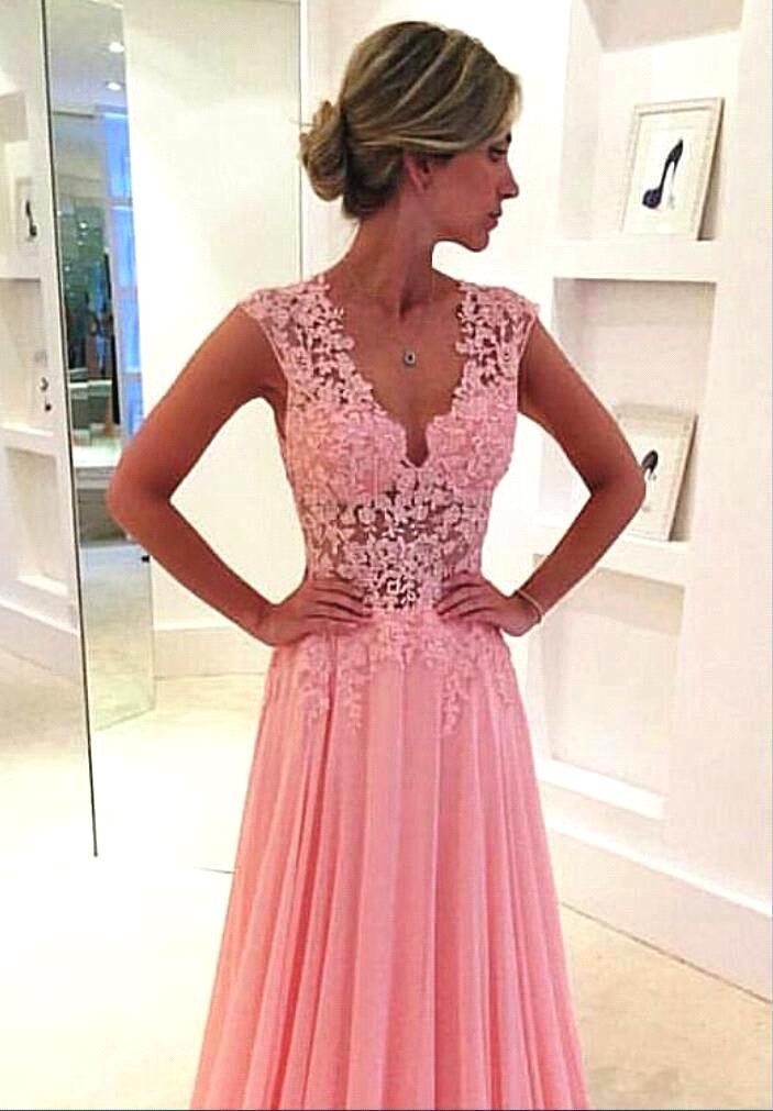Cute Pink A-Line Prom Dresses 2016 New Arrival V-Neck Sleeveless Tank Sheer Back Applique Lace Up Party Evening Dress For Black Girl Gowns