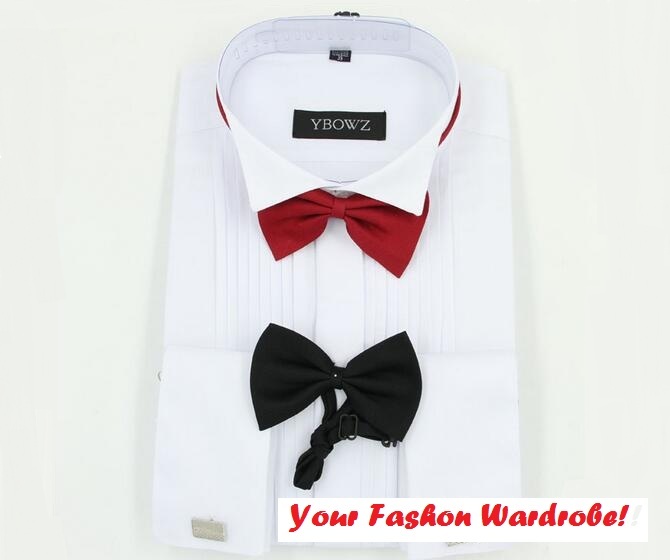 Wholesale-Mens Wedding Shirt With Bowtie 2016 New Long Sleeve Dress Shirts French Cuff Male Red Shirt Free Shipping