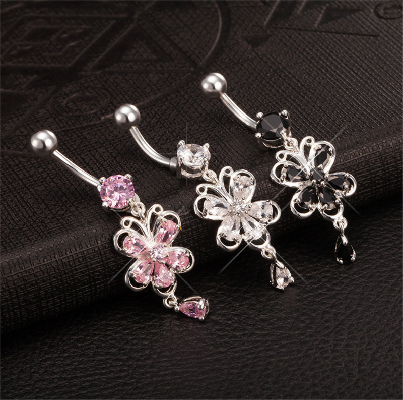 Factory Supply White Gold Plated Cubic Zircon Flower Body Piercing Belly Ring for Girls Women for Belly Dance