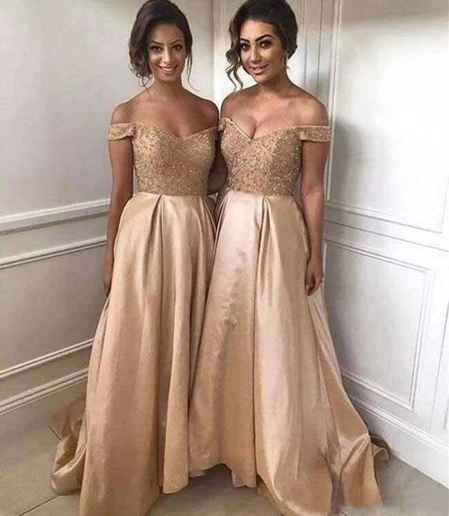 Arabic Dubai Champagne Beaded Off Shoulder A-line Bridesmaid Dresses Taffeta Ruched Long Wedding Guest Gown Custom Made China EN102422