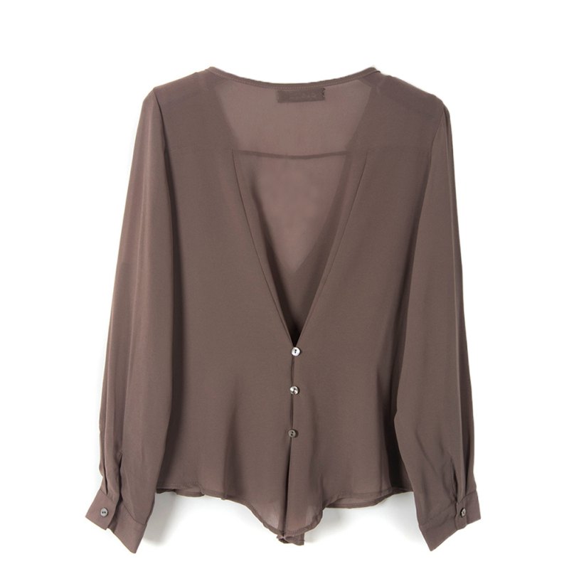 Wholesale-Deep V Neck Casual Chiffon Blouses Long Sleeves Gray Blusas Loose Casual Club Party Women Shirts Tops KL075