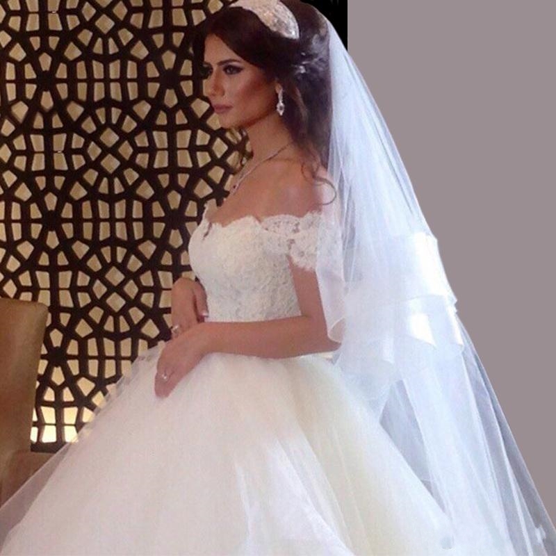 Vintage Off the Shoulder Ball Gown Wedding Dresses Puffy Lace Arabic Organza Tiered Ruffle Elegant Sweetheart Wedding Bridal Gowns