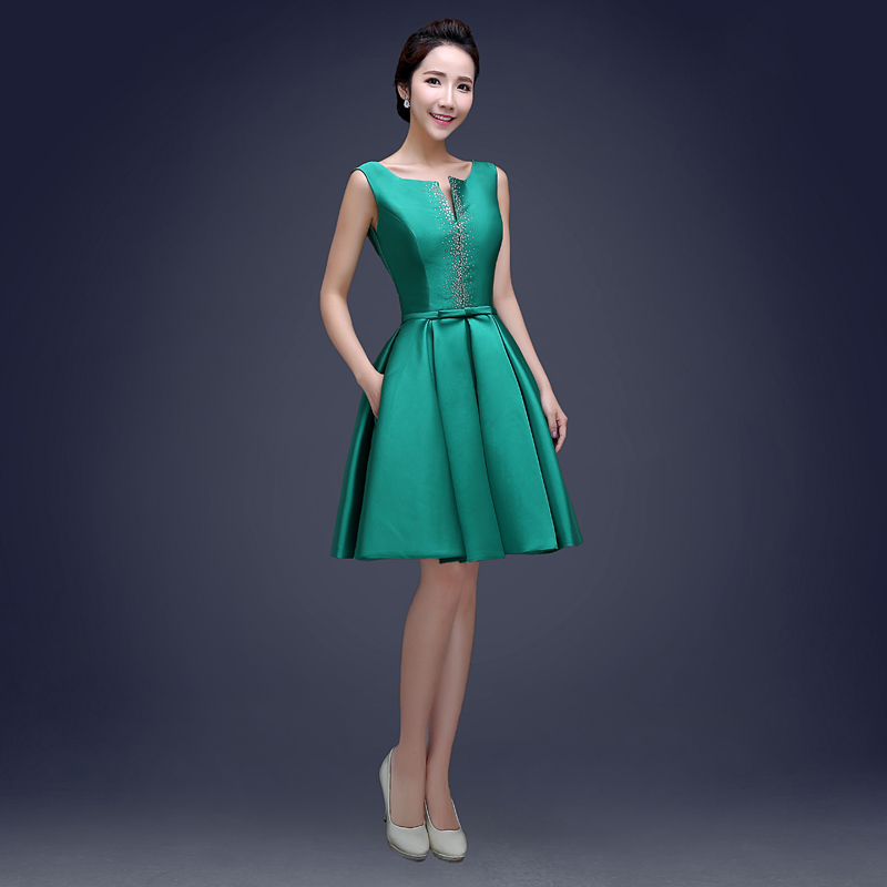 Bateau Neck 395 Satin Short Cocktail Dresses Lace Up 2019 Beaded Knee Length Party Dress Dark Green