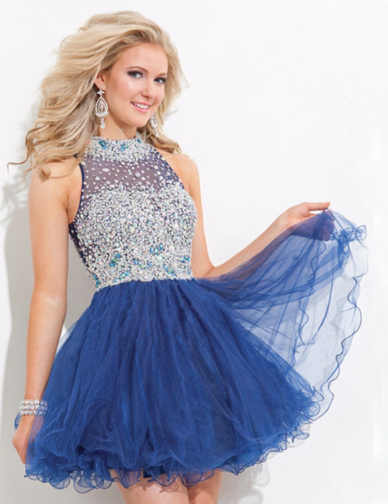 Mint Green Navy Blue Fuchsia Short Prom Dress Sexy Bling Bling Beaded Women Wear Special Occasion Dress Evening Party Dress