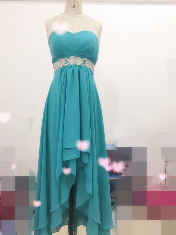 Real Image Hot Country Western High Low Turquoise Bridesmaid Evening Party Gowns Hi-Lo Aqua Blue Chiffon Prom Dresses Crystal Sash 0510