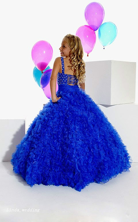 High Quality Cute Beauty Royal Blue White Girl's Pageant Dress Princess Organza Party Cupcake Flower Girl Pretty Dress For Little Kid
