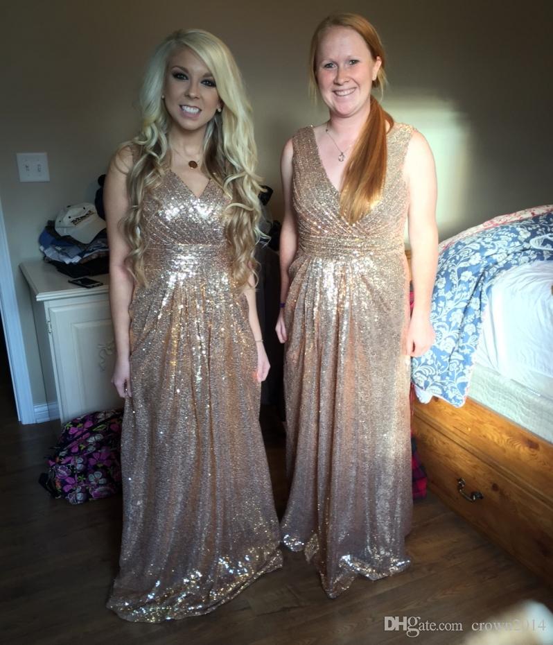 2022 Bling Rose Gold Sequins Bridesmaid Dresses Plus Size Sexy V neck A Line Wedding Party Dress Pageant Formal Bridesmaids Gowns Custom