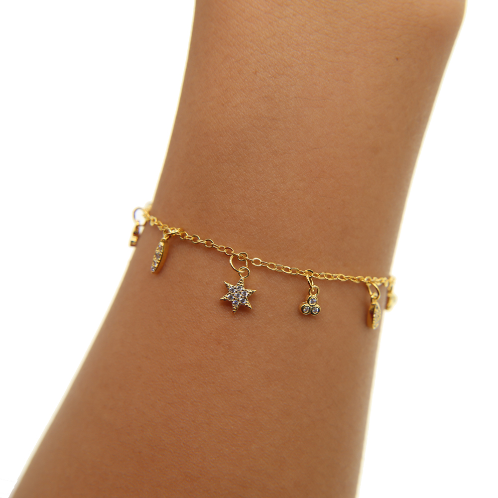 fashion jewelry delicate cz charm tiny cute girl gold chain 165cm luxury dangle charm gold plated bracelet